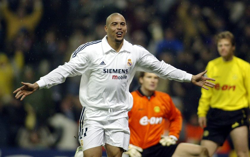 Ronaldo celebrates a goal for Real Madrid against Borussia Dortmund in February 2003.