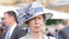 Princess Anne, wearing a silver-blue hat and coat dress, attends the Sovereign's Royal National Lifeboat Institution garden party at Buckingham Palace on May 23, 2024