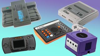 Retro gaming consoles on a gradient background