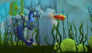 WoW seahorse mount - a blood elf is riding a blue seahorse near the ocean floor