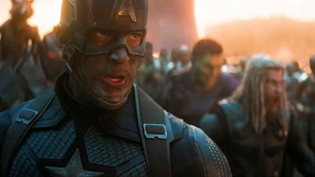 A close up of Captain America with Thor and Hulk in the background during the Assemble scene in Avengers: Endgame