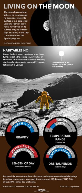 Life on the moon would be very different for explorers than life on Earth. See what it living on the moon would be like in this Space.com infographic.