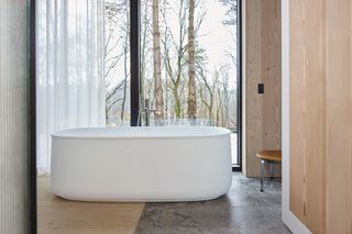 Duravit Zencha bath in concrete and wood japanese style bathroom