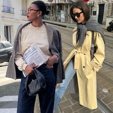 collage of French fashion influencers Lena Farl and Anne-Laure Mais wearing rich-looking outfits with a blazer, sweater, trench coat, and jeans