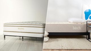 The Saatva Classic Mattress in a plain room (left) and the Birch Natural Mattress in a plain room (right)