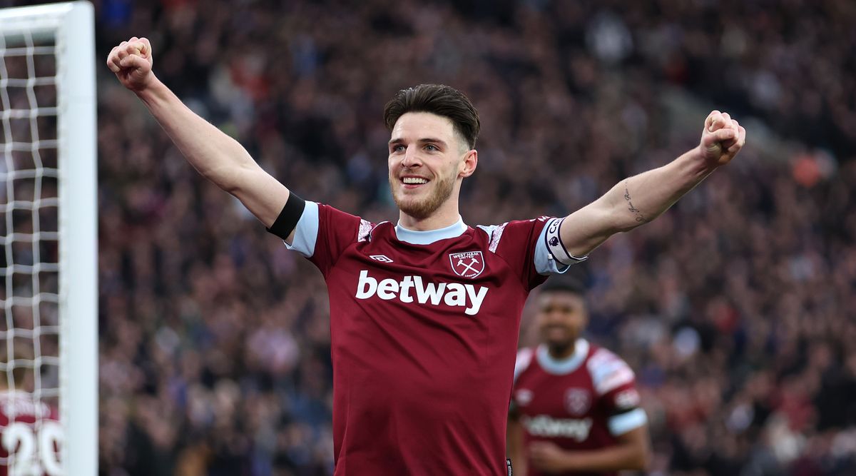 Manchester City rumoured transfer target Declan Rice celebrates during the Premier League match between West Ham United and Chelsea at the London Stadium on 11 February, 2023 in London, United Kingdom.