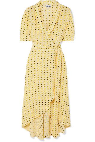 Ganni + Floral-Print Crepe de Chine Wrap Midi Dress