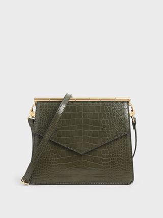 Charles & Keith + Croc-Effect Angular Crossbody Bag