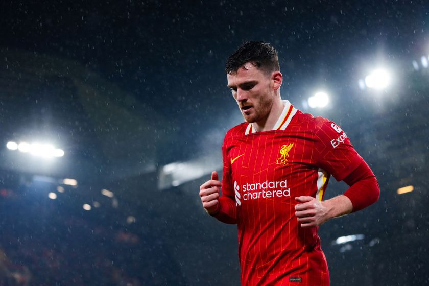 Andrew Robertson of Liverpool looks on during the Premier League match between Liverpool FC and Manchester United FC at Anfield on January 05, 2025 in Liverpool, England.