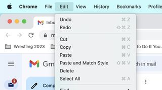Chrome is open, with the edit menu showing the cut, copy, paste and paste and match style commands on a Mac.