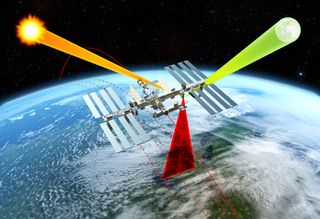 An artist's depiction of The Climate Absolute Radiance and Refractivity Observatory (CLARREO) Pathfinder studying light reflecting off Earth.