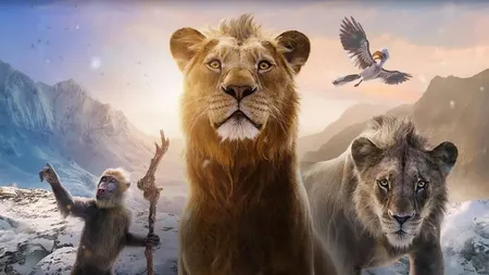 Mufasa is joined by another lion, a monkey and a bird in this promotional image