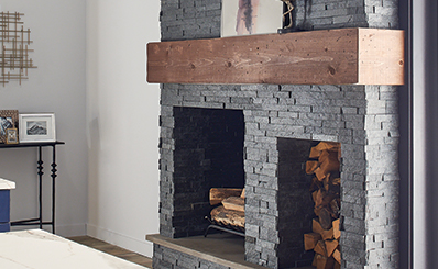 Stacked Stone Backsplash Tile near fireplace