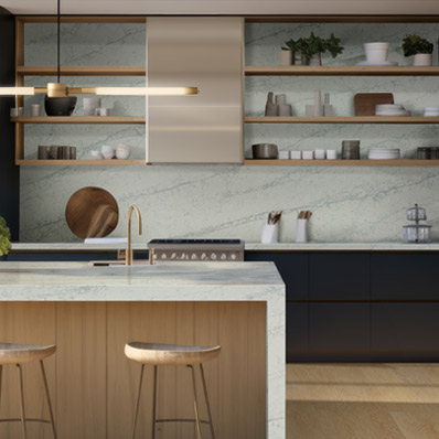 Quartz Slab Backsplash Tile in kitchen