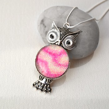 Owl Pendant, Valentines day gift idea, heart jewelry, love necklace, neck candy, handmade wearable art, pink jewelry,  gift ideas for her