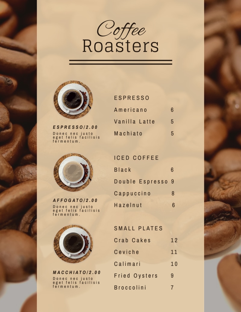 Coffee Shop Menu Template Word Free