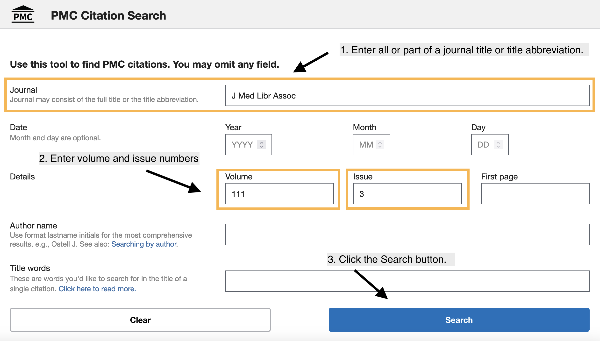 PMC Citation Search tool screenshot highlighting the 3 steps to find an issue for a specific journal