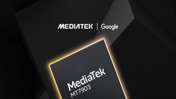 A graphic of the MediaTek logic with the Google logo beside it