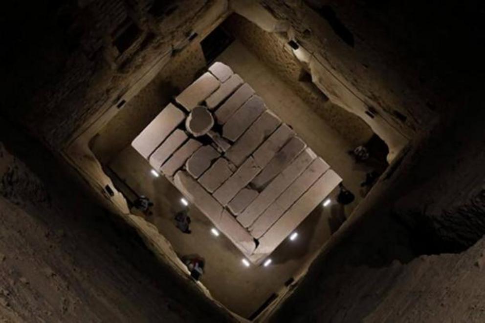 Looking down at the burial chamber and sarcophagus inside the newly renovated Djoser pyramid.