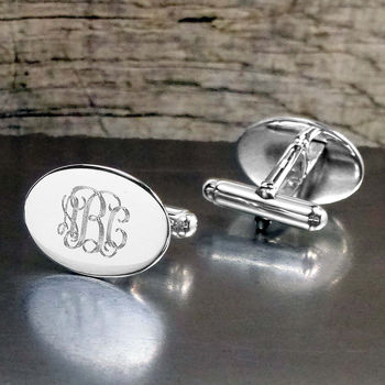 Engraved Oval Sterling Silver Monogram Cufflinks, 2 of 5