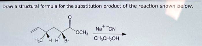 Draw a structural formula for the substitution product of the reaction shown below.
+ Na^-CN
O=C(OCH3)C(Br)C(C)C=C
CH3CH2OH