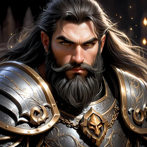 Prompt: Full body visible, oil painting, D&D fantasy, older years old ((Male)) Gold Dwarf, ((Stocky dwarf build, rugged older detailed face and hazel eyes)), Cleric, ((Short, stocky, slightly chubby, broad shoulders)), long straight black hair, long bushy black Dwarven beard, short pointed ears, determined look, looking at the viewer, intricate detailed black magical armour and using a large metal shield, intricate hyper detailed hair, intricate hyper detailed eyelashes, intricate hyper detailed shining pupils, #3238, UHD, hd , 8k eyes, detailed face, big anime dreamy eyes, 8k eyes, intricate details, insanely detailed, masterpiece, cinematic lighting, 8k, complementary colors, golden ratio, octane render, volumetric lighting, unreal 5, artwork, concept art, cover, top model, light on hair colorful glamourous hyperdetailed underground tunnel background, intricate hyperdetailed underground tunnel background, ultra-fine details, hyper-focused, deep colors, dramatic lighting, ambient lighting | by sakimi chan, artgerm, wlop, pixiv, tumblr, instagram, deviantart