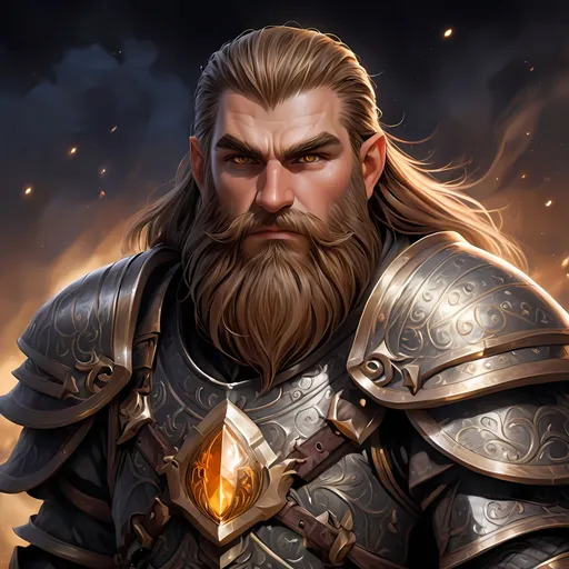 Prompt: Full body visible, oil painting, D&D fantasy, older years old ((Male)) dwarf, ((dwarf build, rugged older detailed face and hazel eyes)), ((Short, stocky, slightly chubby, broad shoulders)), long straight light brown hair, long brown Dwarven beard, short pointed ears, determined look, looking at the viewer, intricate detailed black magical armor, intricate hyper detailed hair, intricate hyper detailed eyelashes, intricate hyper detailed shining pupils, #3238, UHD, hd , 8k eyes, detailed face, big anime dreamy eyes, 8k eyes, intricate details, insanely detailed, masterpiece, cinematic lighting, 8k, complementary colors, golden ratio, octane render, volumetric lighting, unreal 5, artwork, concept art, cover, top model, light on hair colorful glamourous hyperdetailed plains battlefield background, intricate hyperdetailed plains battlefield background, ultra-fine details, hyper-focused, deep colors, dramatic lighting, ambient lighting | by sakimi chan, artgerm, wlop, pixiv, tumblr, instagram, deviantart