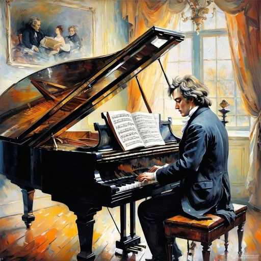 Prompt: music coming out of a piano. Beethoven. Impressionism 

