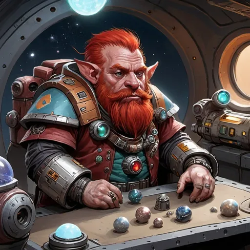 Prompt: Sci-fi starfinder space faring red headed Dwarf shopkeep junk dealer