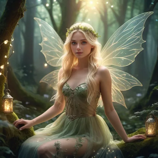 Prompt: (beautiful blond fairy princess), adorned with delicate wings, flowing gauzy dress, enchanting and magical atmosphere, surrounded by glowing fairy lights, set in a mystical forest, glimmers of sunlight filtering through dense foliage, vibrant and dreamy color tones, ethereal and whimsical mood, intricate floral details, misty and enchanting background with moss-covered trees, ultra-detailed, 4K, cinematic lighting, high quality, fantasy art style, masterful rendering.