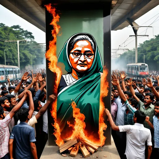 Prompt: A powerful and symbolic scene of protesters in Bangladesh, their faces burning with anger and defiance, celebrating a significant triumph against Sheikh Hasina's regime, seen as the root of oppression. They angrily throw sandals at a towering portrait of Sheikh Hasina, drawn on a metro rail pillar, symbolizing their deep hatred for authoritarianism and injustice. The setting is raw and visceral, capturing the motion of flying sandals and raised fists of a united crowd. The atmosphere is charged with intensity and rebellion, reflecting a pivotal moment of political upheaval. The composition focuses on the act of protest, vividly portraying the people's collective outrage and defiance.