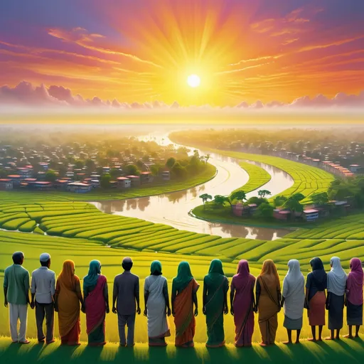 Prompt: A breathtaking vision of a New Bangladesh, symbolizing unity, hope, and a bright future. The scene features a diverse group of people standing together in harmony, representing all ages, genders, and communities, their faces glowing with optimism. A vibrant sunrise illuminates the land, casting golden light over lush green fields, bustling cities, and serene rivers. In the background, modern infrastructure, sustainable innovations, and thriving industries symbolize progress and equality. A national flag waves proudly, embodying freedom and unity. The atmosphere is uplifting and inspiring, filled with vivid colors and intricate details, capturing the spirit of a nation free from discrimination, united in its pursuit of prosperity and justice for all.