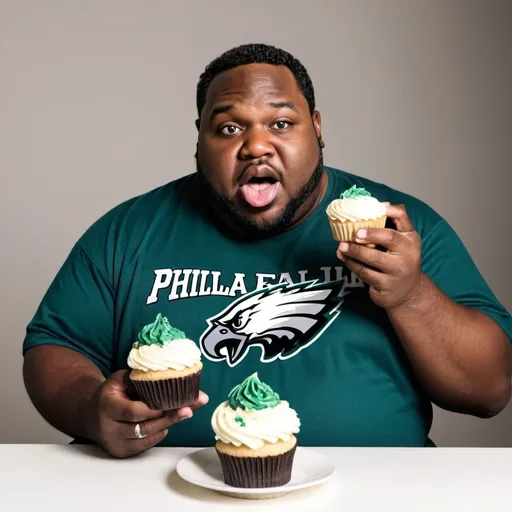 Prompt: fat black man eating cupcake with Philadelphia Eagles shirt