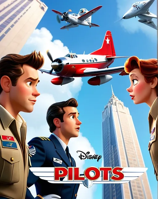 Prompt: Disney movie poster with the name "pilots" with two pilots on a plane shocked and 2 tall buildings at The background