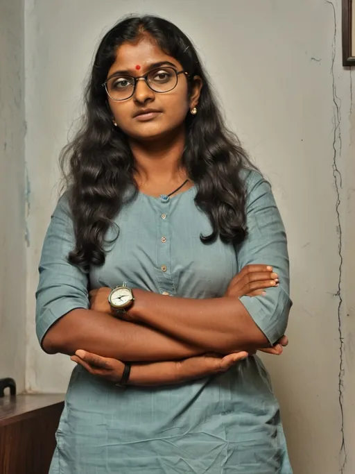 Prompt: a woman with her arms crossed standing in a room with a wall behind her and a clock on the wall, Ella Guru, samikshavad, jayison devadas, a picture