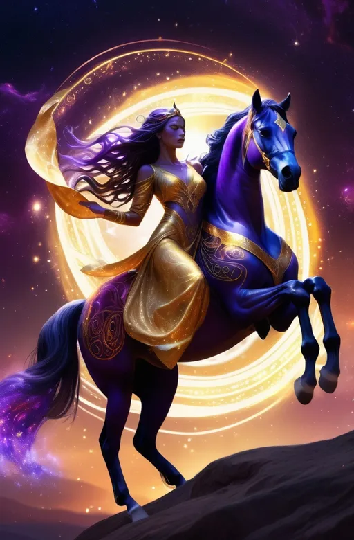 Prompt: (sunfire mage horse/woman), (ethereal magic), flowing robes adorned with celestial patterns, vivid colors of deep purple and shimmering gold, horse/human, starlit sky in the background, vibrant cosmic energy swirling around her hands, strong yet graceful pose, surrounded by floating orbs of light, mystical ambiance, enchanting atmosphere, high detail, 4K, ultra-detailed artwork.