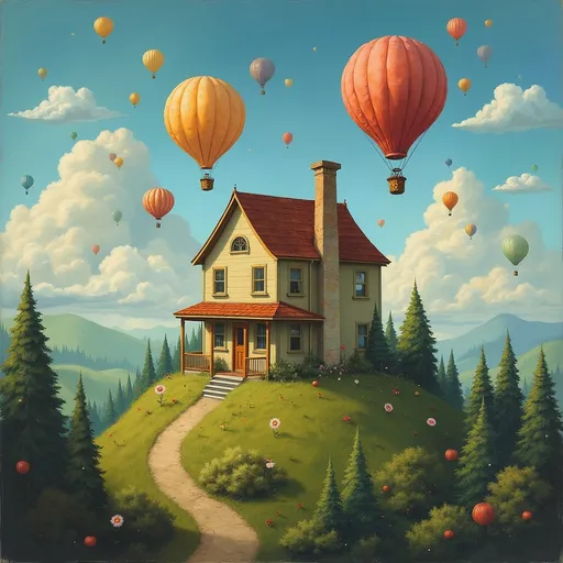 Prompt: a painting of a house in the sky with hot air balloons floating above it and a forest below it, Daniel Merriam, fantasy art, whimsical, a storybook illustration