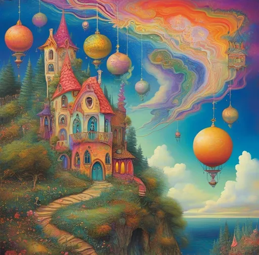 Prompt: (psychedelic painting of a house in the sky), (fantastical hot air balloons floating above), (lush forest below), whimsical elements, vibrant colors, swirling patterns, dreamlike atmosphere, inspired by Daniel Merriam, high fantasy art, storybook illustration, intricate details, enchanting vibe, hyper-detailed, colorful fantasy world.