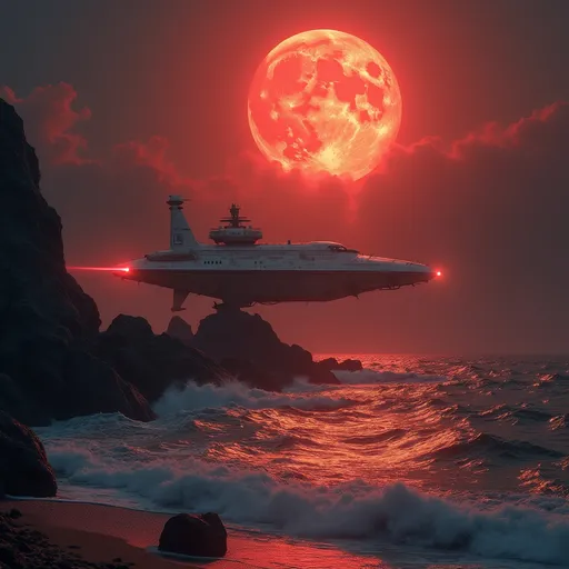 Prompt: (detailed matte painting) retro spaceship on a rocky shore, (full moon) glowing in a dramatic red sky, intricate fantasy art style, vivid contrasts, evocative atmosphere, shimmering water reflecting moonlight, moody, enchanting scene, high depth, (4K), with gentle waves lapping against the rocks, breathtaking celestial backdrop, serene yet powerful.