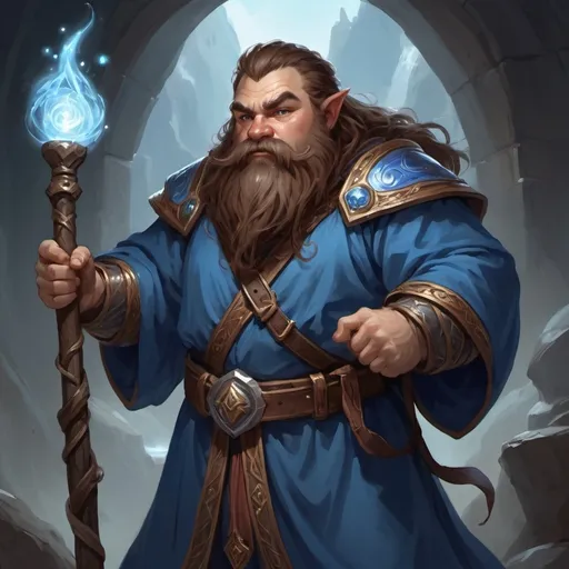 Prompt: A fantasy dwarf with brown hair, flowing blue robes on , and wielding a magic staff
