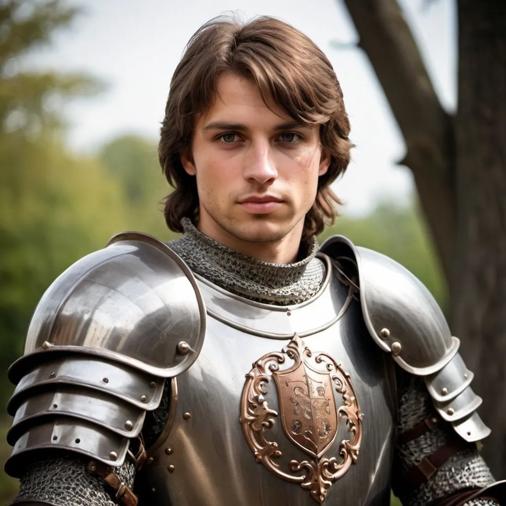 a beautiful knight, around 30 years old, brown hair,...