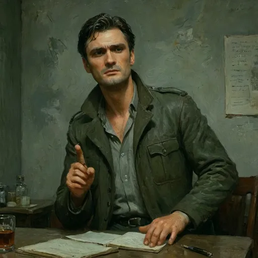 Prompt: A Soviet-born man in his early 30s with a pale, gaunt face, sharp cheekbones, and tired eyes. His dark, unkempt hair is streaked with gray, hinting at the toll of his work. He wears a tattered military coat, its Soviet insignia removed, over a plain undershirt. His expression combines weariness and quiet determination, reflecting deep disillusionment. On a table before him rests an open notebook filled with cryptic notes, an ashtray with a smoking cigarette, and a vodka martini in his hand. A faint, ironic smile graces his lips much like Alan Alda as Hawkeye in MASH. The backdrop of war-torn ruins and a cold, gray sky mirrors his bleak reality. Five fingers on each hand.