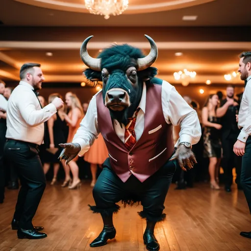 Prompt: a buffalo in party clothes on the dance floor

