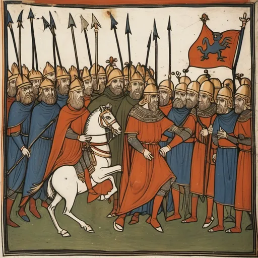 Prompt: Early medieval painting of a man king walking in front of his army