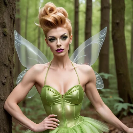 Prompt: Gorgeous 25-year-old (caucasian) muscular French drag queen ((very strong masculine jawline and brow)) with fit figure, and long strawberry-blonde updo hair (((blowing in the wind))), dressed as Tinkerbell, sheer nylon stockings, and 8 inch stiletto high heel shoes, posing in the forest, pixie dust in the air..