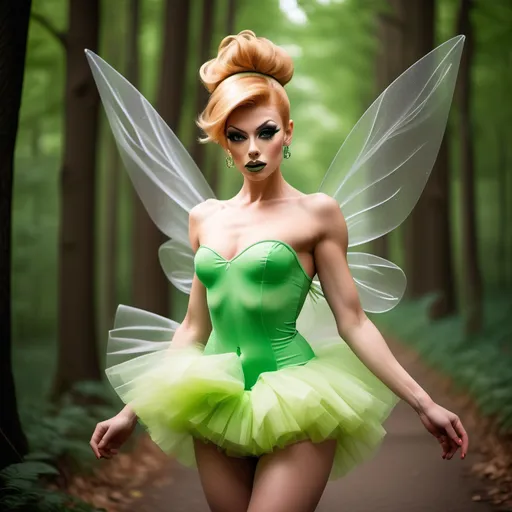 Prompt: Gorgeous 25-year-old (caucasian) muscular French drag queen ((strong masculine jawline and brow)) with fit figure, and long strawberry-blonde updo hair (((blowing in the wind))), dressed as Tinkerbell, sheer nylon stockings, and 8 inch stiletto high heel shoes, posing in the forest, pixie dust in the air..