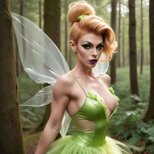 Prompt: Gorgeous 25-year-old (caucasian) muscular French drag queen ((strong masculine jawline and brow)) with fit figure, and long strawberry-blonde updo hair (((blowing in the wind))), dressed as Tinkerbell, sheer nylon stockings, and 8 inch stiletto high heel shoes, posing in the forest, pixie dust in the air..