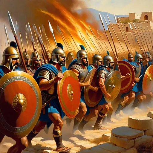 Prompt: Mycenaean Greek infantry besieging Troy, Trojan horse, circa 1200 b.c.,  Late Bronze Age, boar tusk helmets, bronze swords, Dendra panoply, figure-of-eight shield, war charriots, flames, arrows, Minoan fresco, extremely detailed painting by Greg Rutkowski by Steve Henderson