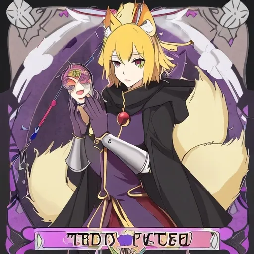 Prompt: wears a jester mask hiding my face,short small 5 6,very feminine body,has kitsune ears and 9 tails,I have purple gauntlets on both my hands,i have a long black coat,hazel eyes,blonde hair