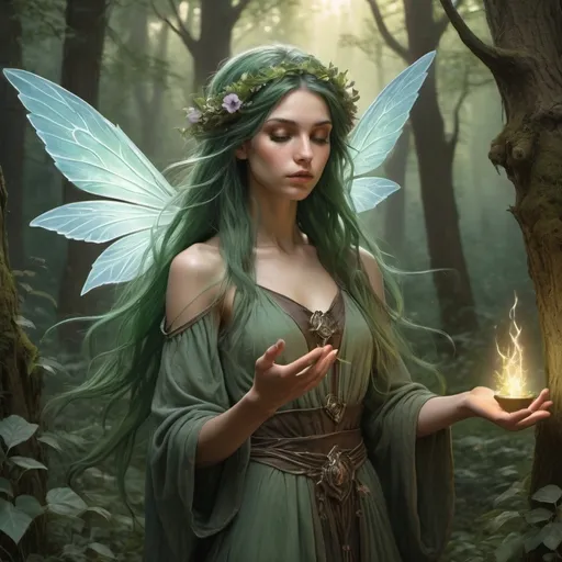 Prompt: {
  "type": "Photorealistic",
  "subject": "Earth Fae Mage",
  "description": "An ethereal Earth Fae Mage with green-tinted skin and hair adorned with flowers and leaves, situated in an ancient, mystical forest. They are casting a spell, their hands glowing with earthy magic as they summon golems from the ground and vines to entrap enemies. The Mage’s eyes are closed in concentration, and their wings are spread wide, shimmering with a magical aura. The surrounding forest seems alive, responding to the Mage’s power.",
  "art_styles": "High realism, Fantasy",
  "inspirations": "John William Waterhouse, Arthur Rackham",
  "lighting": "Mystical glow with soft highlights",
  "camera": "Wide shot, overhead angle",
  "render_related": "8k resolution, volumetric lighting, highly detailed"
}
